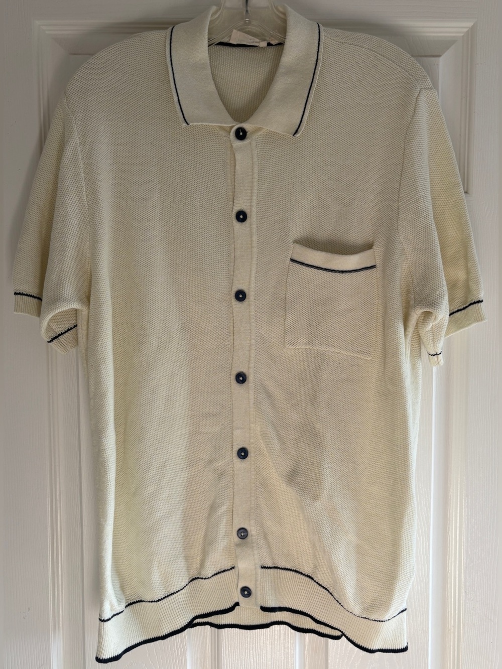 Hedge Conscious Cream Navy Textured Knit Button Up Polo Cardigan Shirt Large L